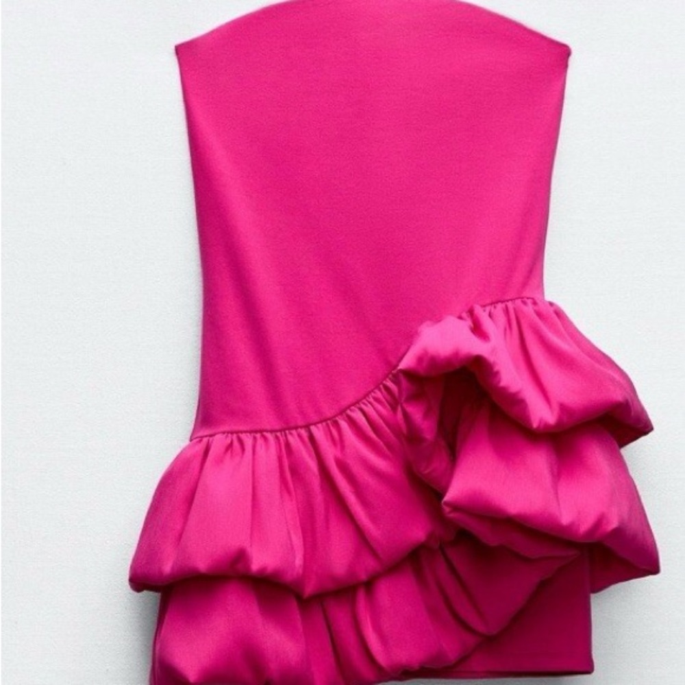 Zara Strapless Ruffled Midi Dress in Hot Pink - Picture 3 of 6